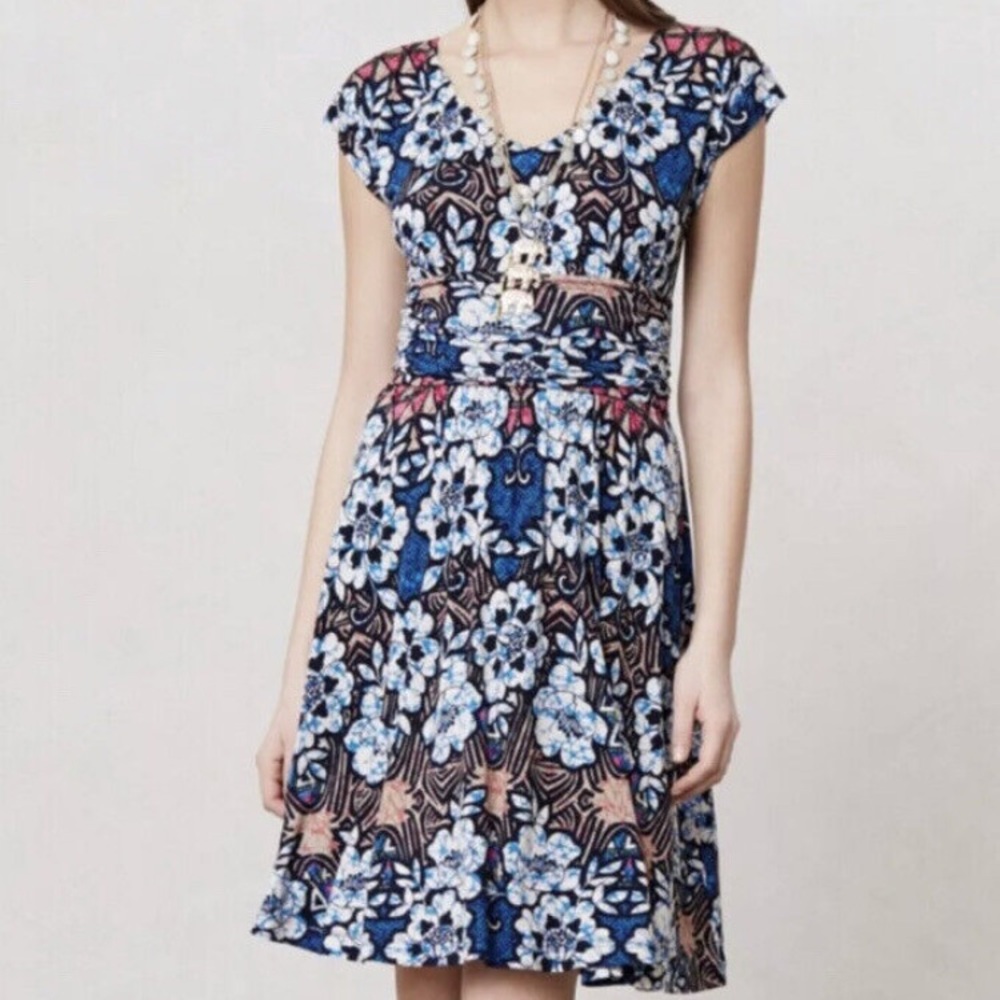 Meadow Rue Blue and White Pleated Midi Dress with Flutter Sleeves